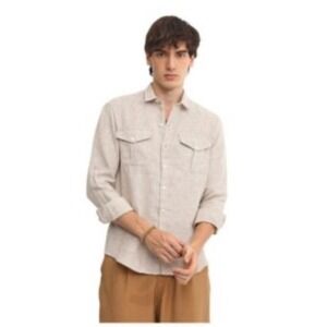 Men's Calvin Klein Beige/White Stripe Check Linen Blend Button Down Shirt Sz XL‎